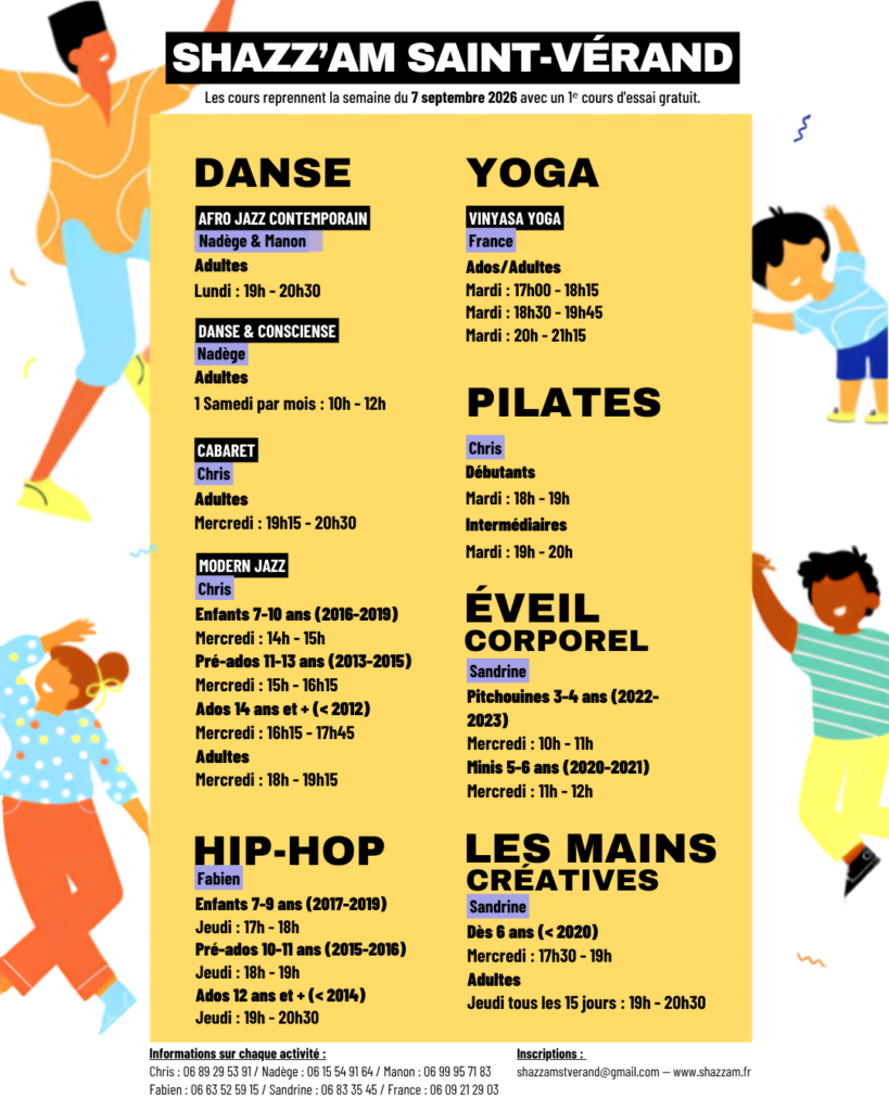 Affiche des cours Shazz'am Saint-Vérand 2026-2027 : danse, hip-hop, yoga, pilates, éveil corporel